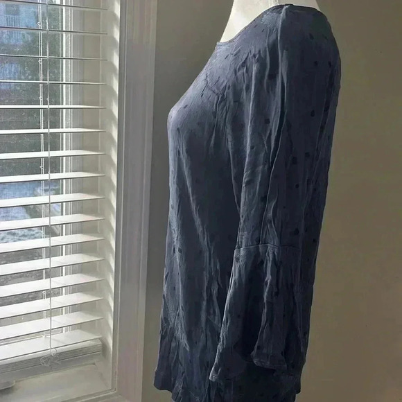 [Eu40/US M]Yaya Anthropologie 3/4 Flower Sleeve Silk Blue Blouse Flying Crane - Picture 3 of 9